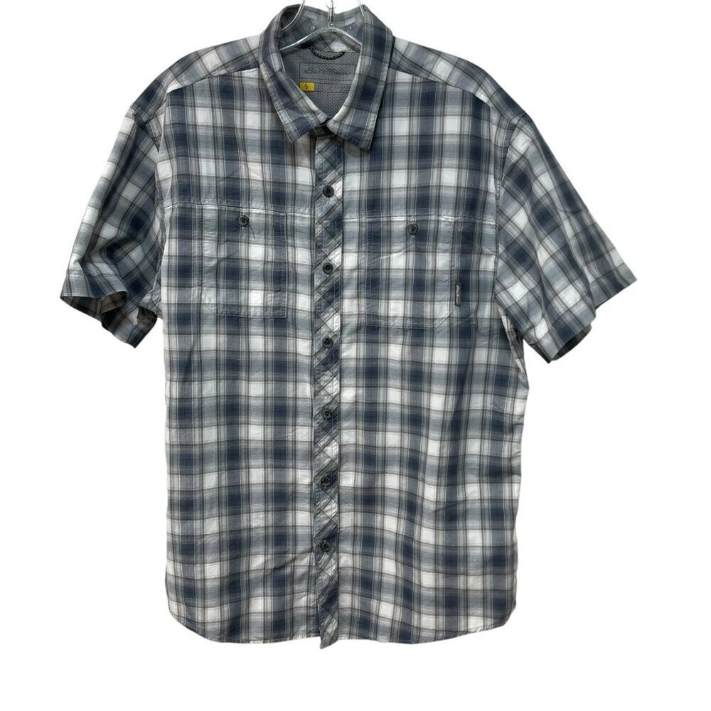 Eddie Bauer Travex Short Sleeve Button Up Shirt Mens LARGE Hiking Gray Plaid